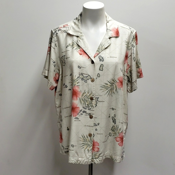 La Cabaña Hawaiian Short Sleeve Shirt Floral Map Print Women's Size 1X - Picture 1 of 10